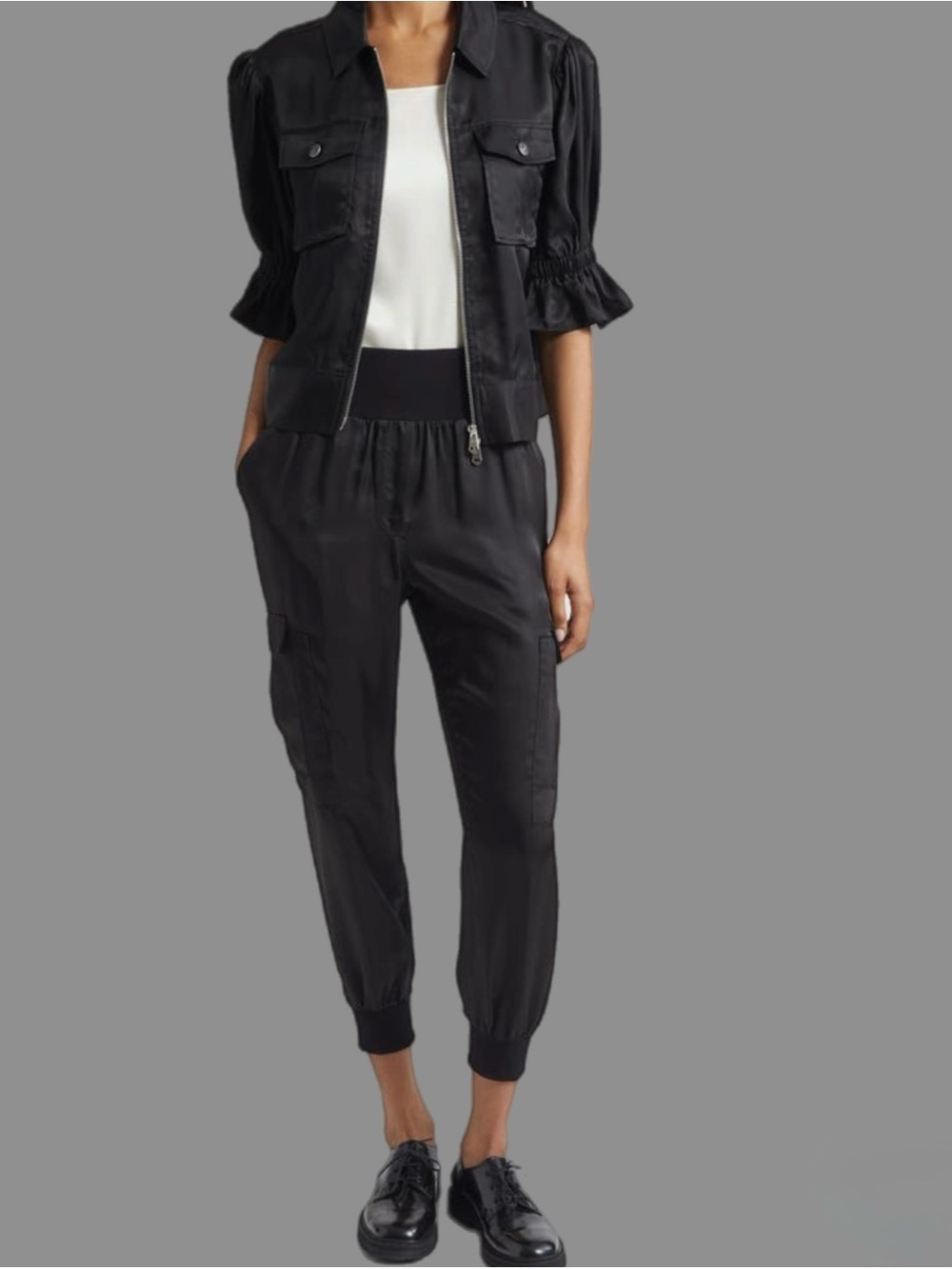 Cinq a Sept Giles Cupro Black Crop Cargo Joggers